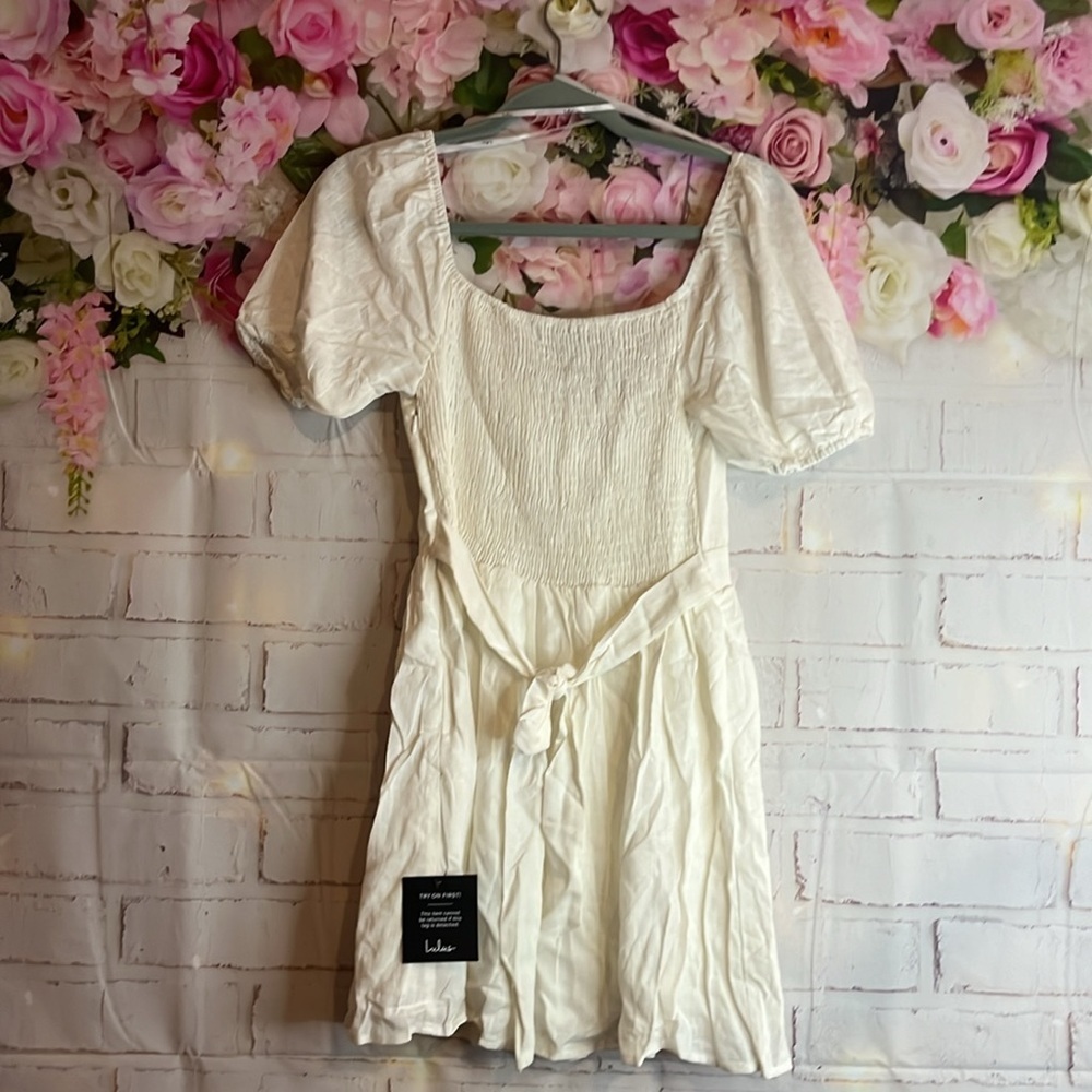 LULUS Effortlessly Endearing White Puff Sleeve Smocked Mini Dress S in Ivory - Picture 12 of 16